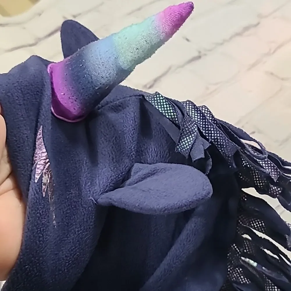Justice Unicorn Hooded Onesie Girls 12 Navy Fleece Union Suit Footless Pajamas